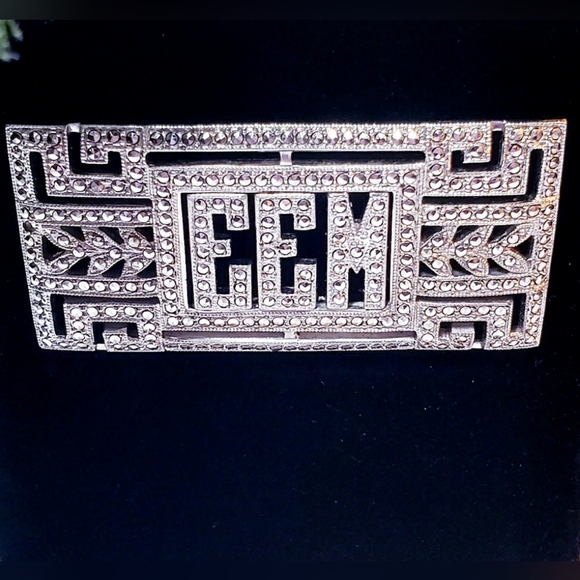Vintage Art Deco EEM Monogram Style Sterling Silver Marcasite Brooch Pin - Picture 3 of 4